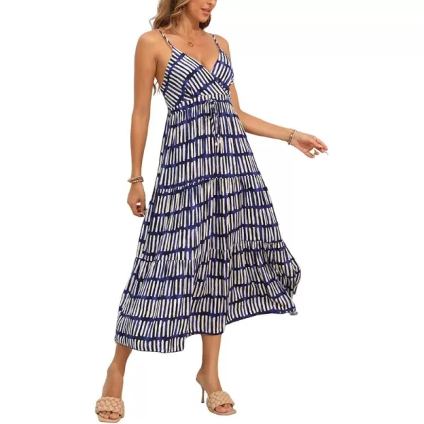 OSTOO Womens Floral Print Maxi Dresses Sleeveless Sleeves Boho Empire Waist DressBlue Stripe Print