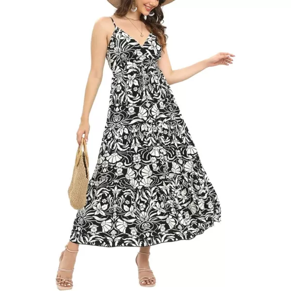 OSTOO Womens Floral Print Maxi Dresses Sleeveless Sleeves Boho Empire Waist DressFloral Black