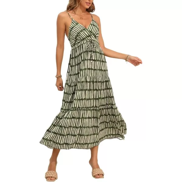OSTOO Womens Floral Print Maxi Dresses Sleeveless Sleeves Boho Empire Waist DressGreen Stripe Print
