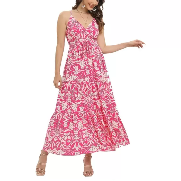 OSTOO Womens Floral Print Maxi Dresses Sleeveless Sleeves Boho Empire Waist DressRose Red