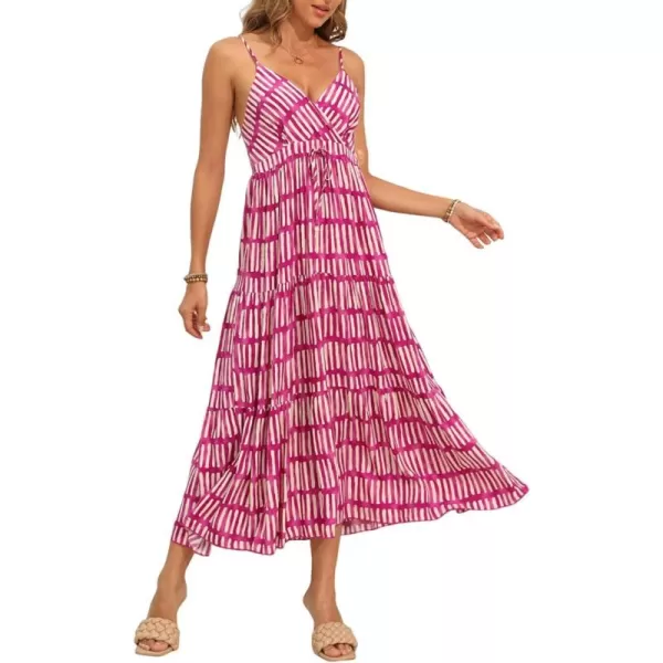 OSTOO Womens Floral Print Maxi Dresses Sleeveless Sleeves Boho Empire Waist DressRose Red Stripe Print