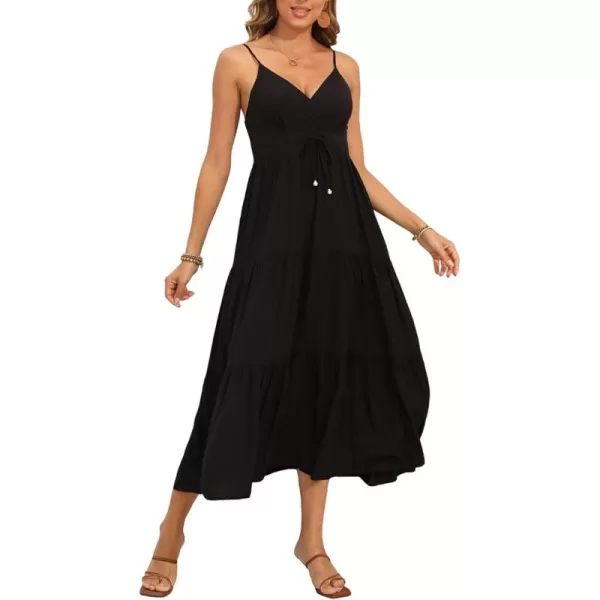 OSTOO Womens Floral Print Maxi Dresses Sleeveless Sleeves Boho Empire Waist DressSloid Black