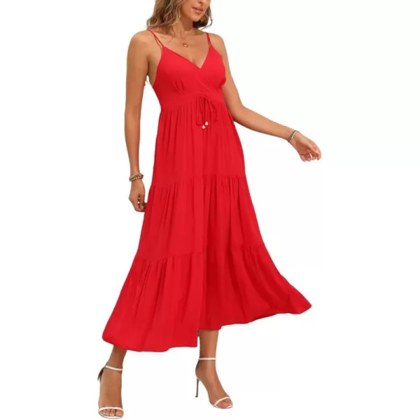 OSTOO Womens Floral Print Maxi Dresses Sleeveless Sleeves Boho Empire Waist DressSloid Red
