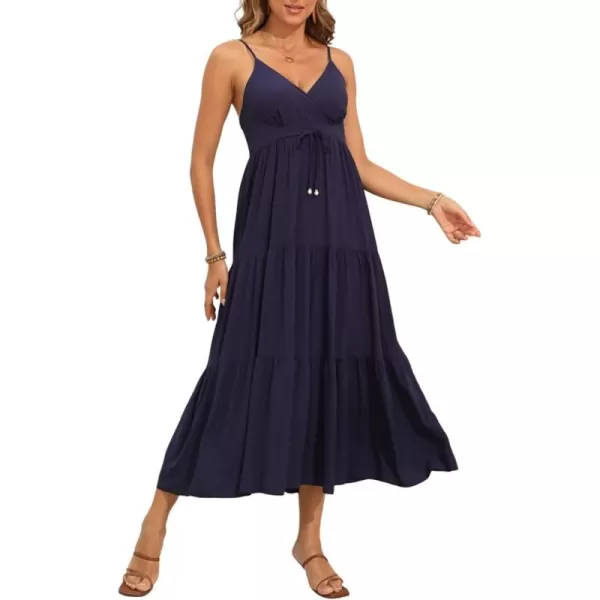 OSTOO Womens Floral Print Maxi Dresses Sleeveless Sleeves Boho Empire Waist DressSolid Navy Blue