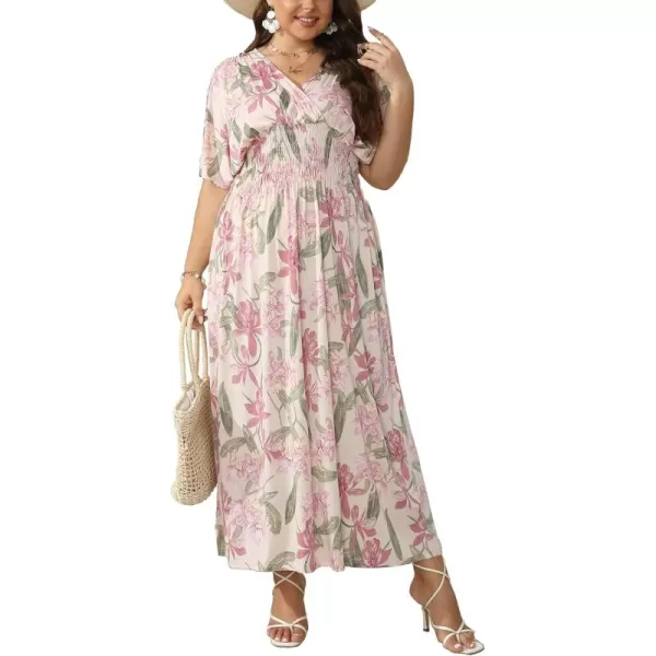 OSTOO Womens Plus Size Hawaii Empire Waist Bat Short Sleeve Casual Floral Print Boho Maxi DressApricot Flowers