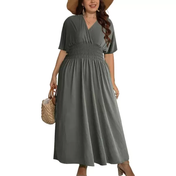 OSTOO Womens Plus Size Hawaii Empire Waist Bat Short Sleeve Casual Floral Print Boho Maxi DressArmy Green