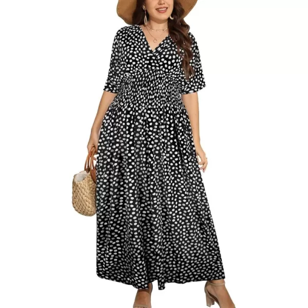 OSTOO Womens Plus Size Hawaii Empire Waist Bat Short Sleeve Casual Floral Print Boho Maxi DressBlack