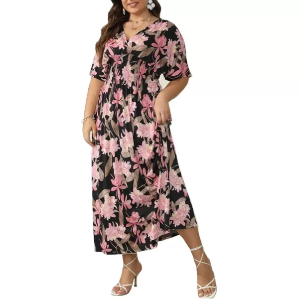 OSTOO Womens Plus Size Hawaii Empire Waist Bat Short Sleeve Casual Floral Print Boho Maxi DressBlack Flowers