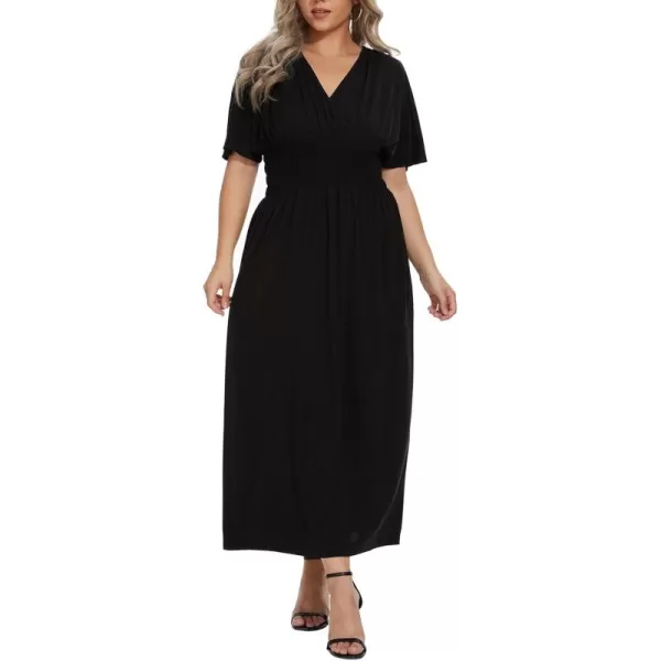 OSTOO Womens Plus Size Hawaii Empire Waist Bat Short Sleeve Casual Floral Print Boho Maxi DressBlack a