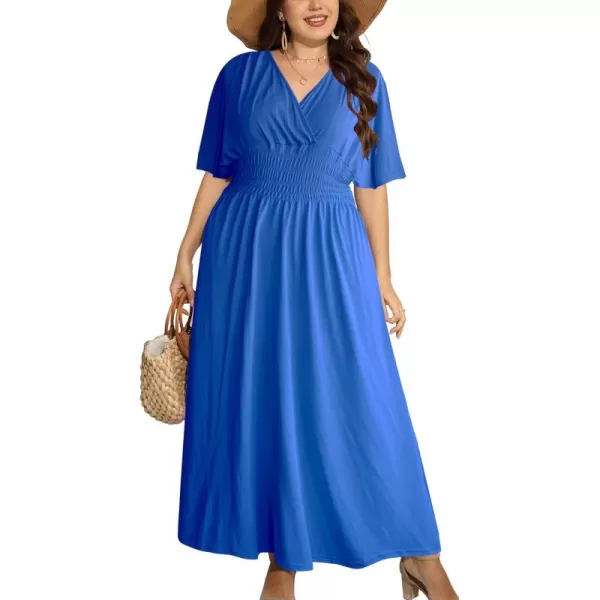 OSTOO Womens Plus Size Hawaii Empire Waist Bat Short Sleeve Casual Floral Print Boho Maxi DressBlue