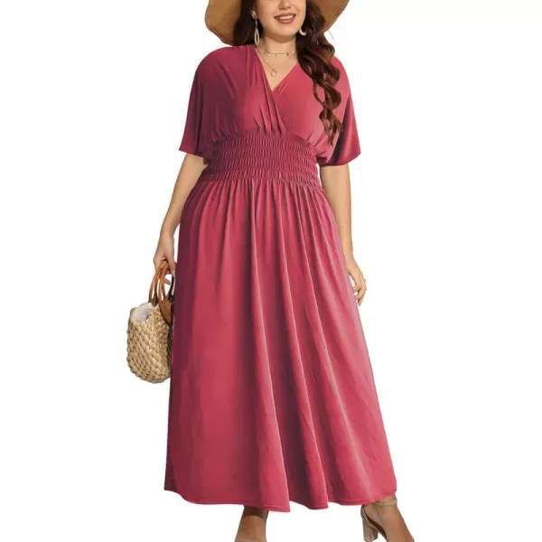 OSTOO Womens Plus Size Hawaii Empire Waist Bat Short Sleeve Casual Floral Print Boho Maxi DressBurgundy