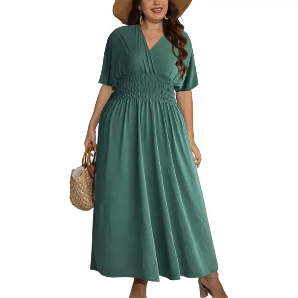 OSTOO Womens Plus Size Hawaii Empire Waist Bat Short Sleeve Casual Floral Print Boho Maxi DressDark Green