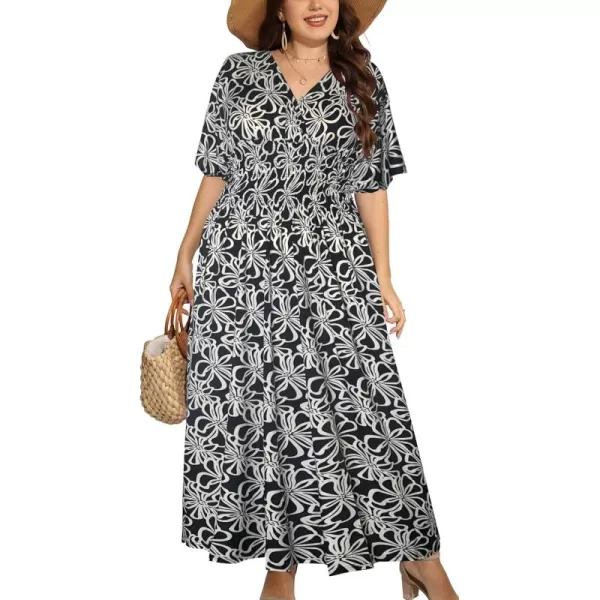 OSTOO Womens Plus Size Hawaii Empire Waist Bat Short Sleeve Casual Floral Print Boho Maxi DressFloral White Black