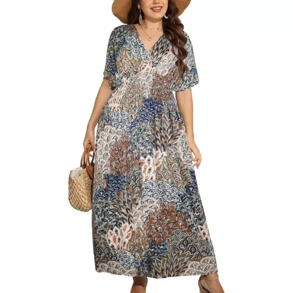 OSTOO Womens Plus Size Hawaii Empire Waist Bat Short Sleeve Casual Floral Print Boho Maxi DressFlower 1