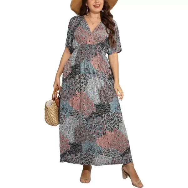 OSTOO Womens Plus Size Hawaii Empire Waist Bat Short Sleeve Casual Floral Print Boho Maxi DressFlower 3