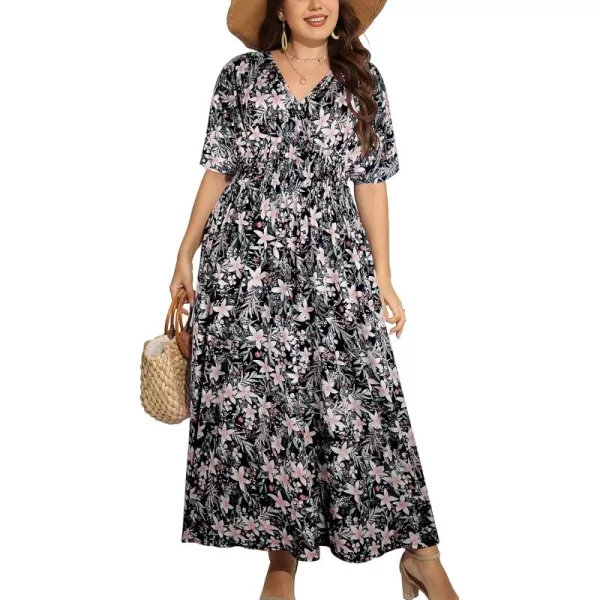 OSTOO Womens Plus Size Hawaii Empire Waist Bat Short Sleeve Casual Floral Print Boho Maxi DressFlowers2