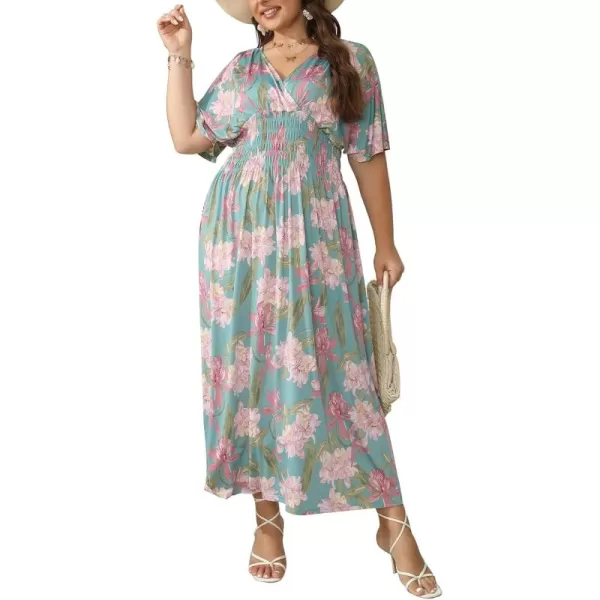 OSTOO Womens Plus Size Hawaii Empire Waist Bat Short Sleeve Casual Floral Print Boho Maxi DressGreen Flowers