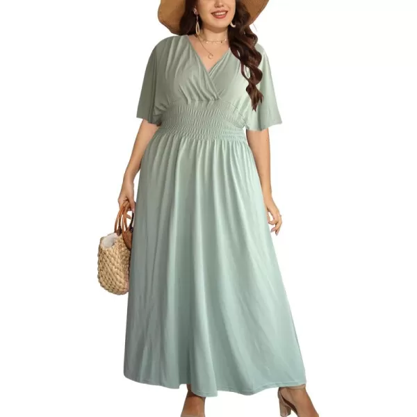 OSTOO Womens Plus Size Hawaii Empire Waist Bat Short Sleeve Casual Floral Print Boho Maxi DressLight Green