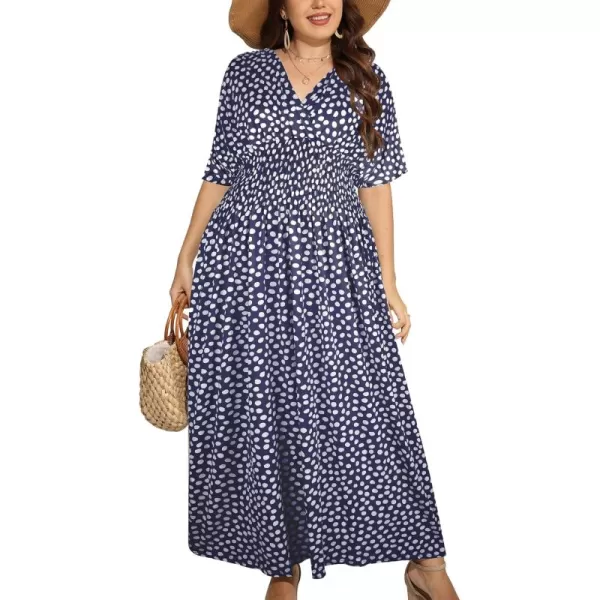 OSTOO Womens Plus Size Hawaii Empire Waist Bat Short Sleeve Casual Floral Print Boho Maxi DressNavy