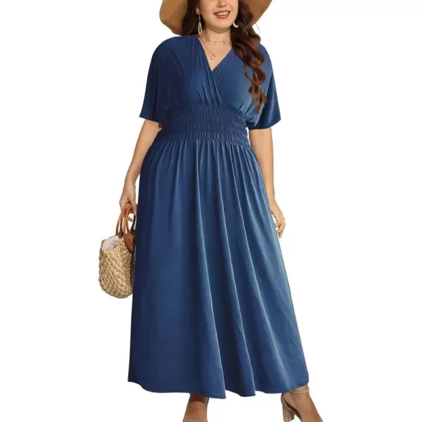 OSTOO Womens Plus Size Hawaii Empire Waist Bat Short Sleeve Casual Floral Print Boho Maxi DressNavy a