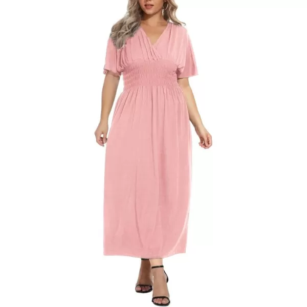 OSTOO Womens Plus Size Hawaii Empire Waist Bat Short Sleeve Casual Floral Print Boho Maxi DressPink