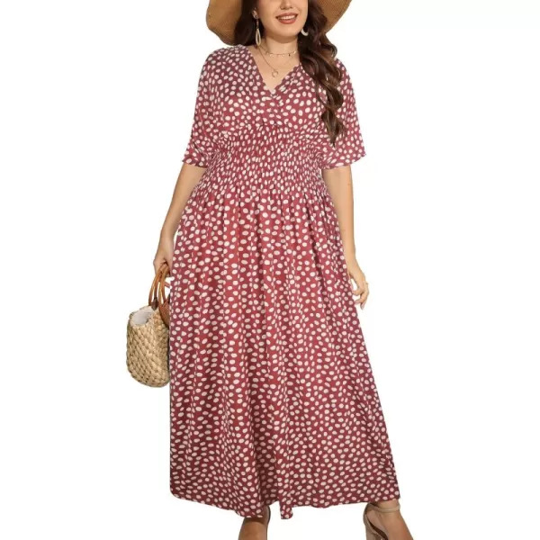 OSTOO Womens Plus Size Hawaii Empire Waist Bat Short Sleeve Casual Floral Print Boho Maxi DressRed