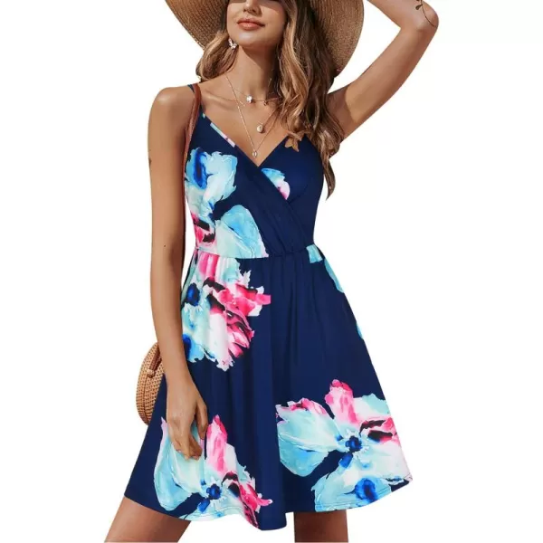 STYLEWORD Womens 2024 V Neck FloralSolid Spaghetti Strap Summer Casual Swing Sundress with PocketA10floral10