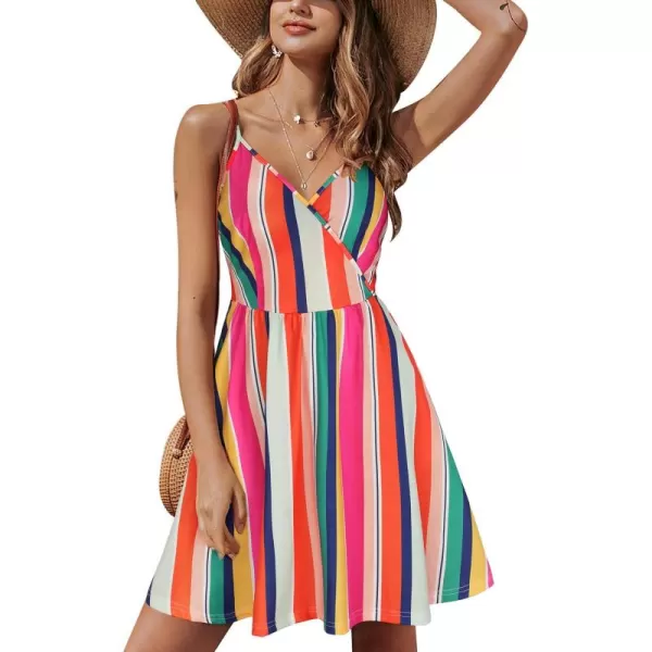STYLEWORD Womens 2024 V Neck FloralSolid Spaghetti Strap Summer Casual Swing Sundress with PocketA20floral20