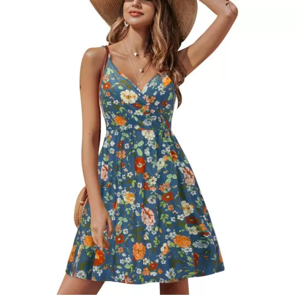 STYLEWORD Womens 2024 V Neck FloralSolid Spaghetti Strap Summer Casual Swing Sundress with PocketAfloral42412
