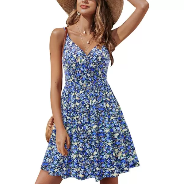 STYLEWORD Womens 2024 V Neck FloralSolid Spaghetti Strap Summer Casual Swing Sundress with PocketAfloral45412