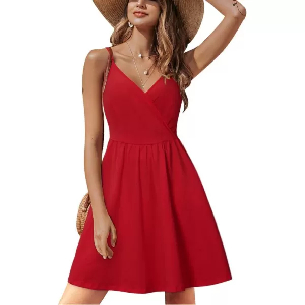 STYLEWORD Womens 2024 V Neck FloralSolid Spaghetti Strap Summer Casual Swing Sundress with PocketB3wine429
