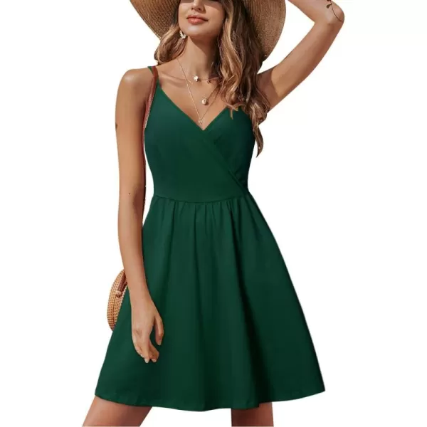 STYLEWORD Womens 2024 V Neck FloralSolid Spaghetti Strap Summer Casual Swing Sundress with PocketB4green429