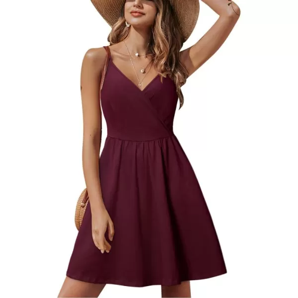 STYLEWORD Womens 2024 V Neck FloralSolid Spaghetti Strap Summer Casual Swing Sundress with PocketDark Red429
