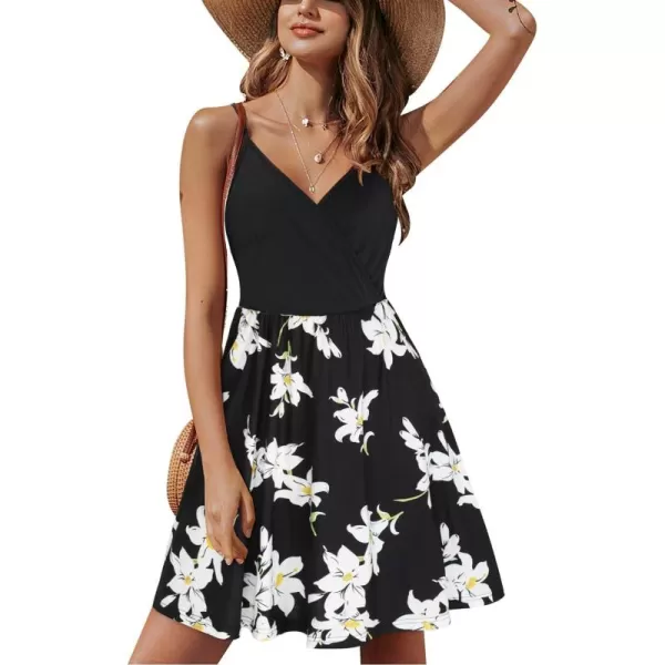 STYLEWORD Womens 2024 V Neck FloralSolid Spaghetti Strap Summer Casual Swing Sundress with PocketFloral01454