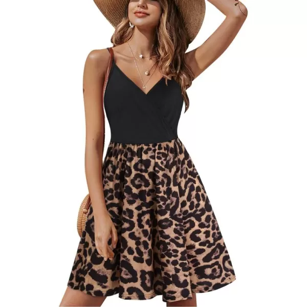 STYLEWORD Womens 2024 V Neck FloralSolid Spaghetti Strap Summer Casual Swing Sundress with PocketFloral13454