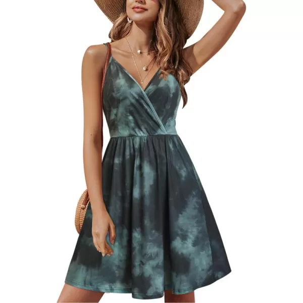 STYLEWORD Womens 2024 V Neck FloralSolid Spaghetti Strap Summer Casual Swing Sundress with PocketFloralz29