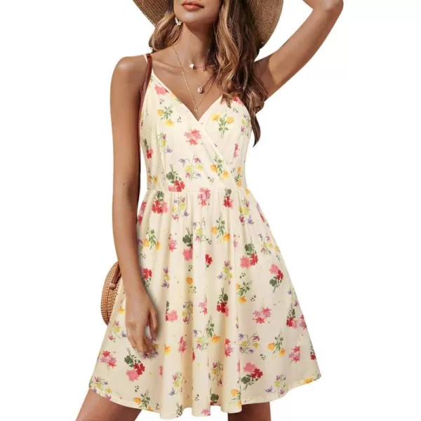 STYLEWORD Womens 2024 V Neck FloralSolid Spaghetti Strap Summer Casual Swing Sundress with PocketFloralz32412