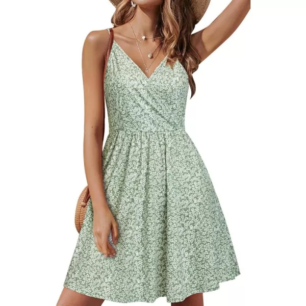 STYLEWORD Womens 2024 V Neck FloralSolid Spaghetti Strap Summer Casual Swing Sundress with PocketFloralz33412