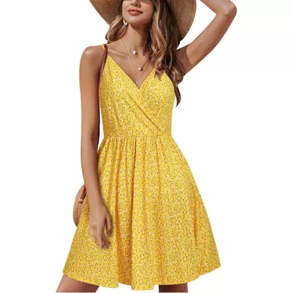 STYLEWORD Womens 2024 V Neck FloralSolid Spaghetti Strap Summer Casual Swing Sundress with PocketFloralz34412
