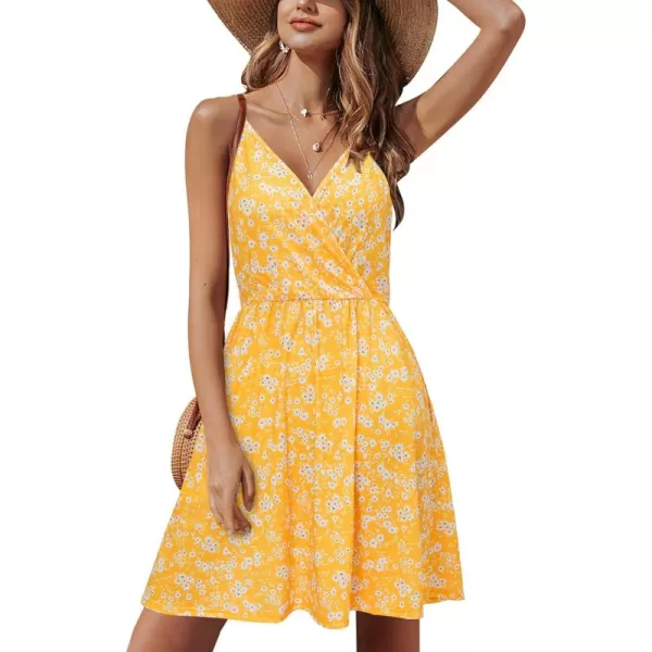 STYLEWORD Womens 2024 V Neck FloralSolid Spaghetti Strap Summer Casual Swing Sundress with PocketFloralz36412