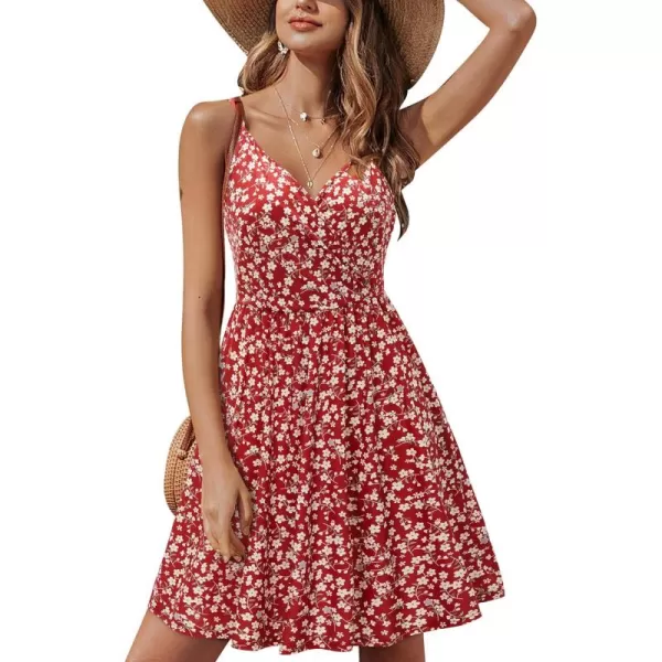 STYLEWORD Womens 2024 V Neck FloralSolid Spaghetti Strap Summer Casual Swing Sundress with PocketFloralz46412