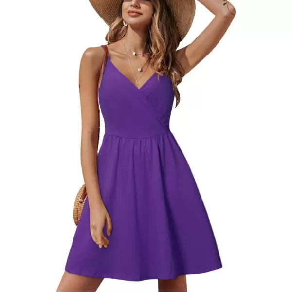 STYLEWORD Womens 2024 V Neck FloralSolid Spaghetti Strap Summer Casual Swing Sundress with PocketPurple429