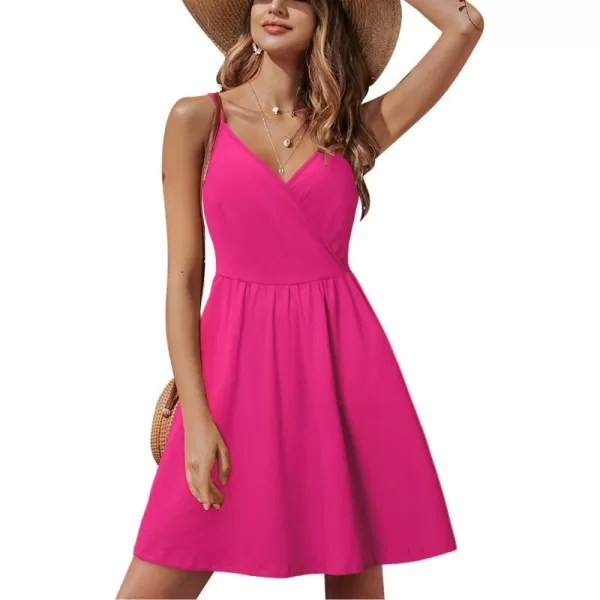 STYLEWORD Womens 2024 V Neck FloralSolid Spaghetti Strap Summer Casual Swing Sundress with PocketRose429