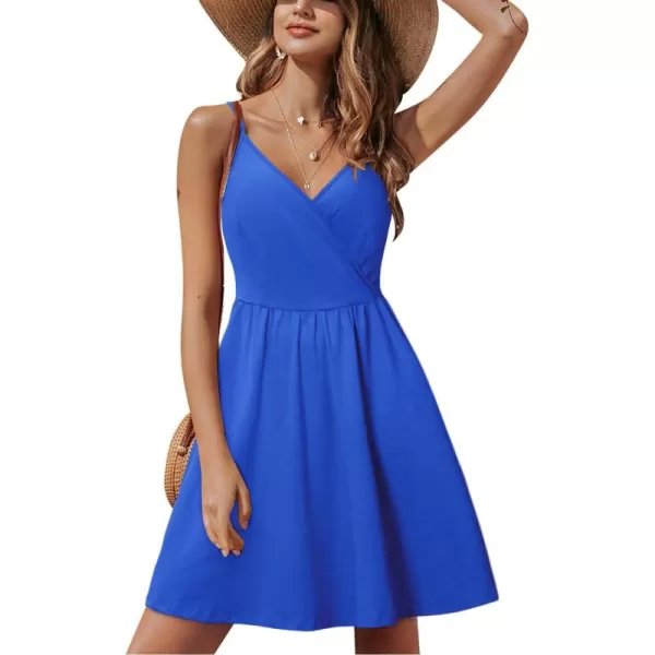 STYLEWORD Womens 2024 V Neck FloralSolid Spaghetti Strap Summer Casual Swing Sundress with PocketRoyal Blue429