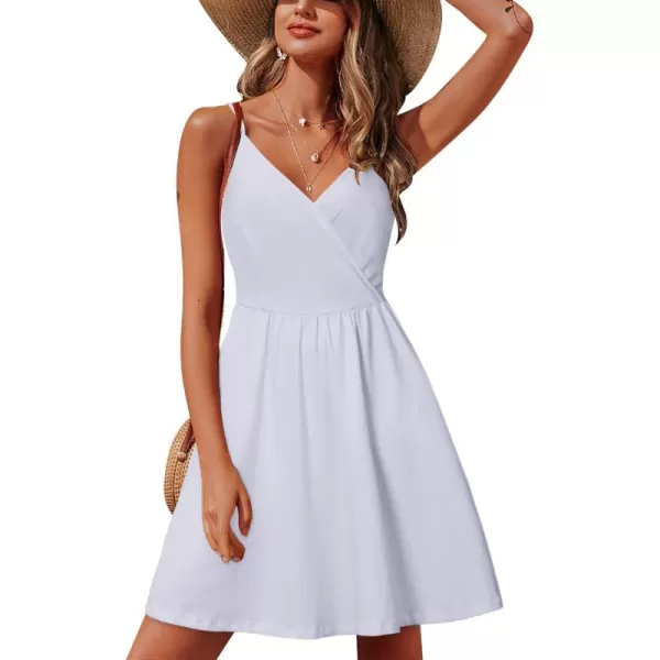 STYLEWORD Womens 2024 V Neck FloralSolid Spaghetti Strap Summer Casual Swing Sundress with PocketWhite429