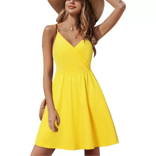 STYLEWORD Womens 2024 V Neck FloralSolid Spaghetti Strap Summer Casual Swing Sundress with PocketYellow429