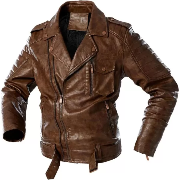 chouyatou Mens Moto Fleece Lined Asymmetric Zip Lapel Distressed Pu Leather Biker Jacket with BeltCoffee