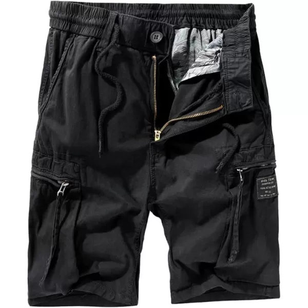 chouyatou Mens Utility Drawstring Waist Patchwork Designed Cotton Cargo ShortsBlack