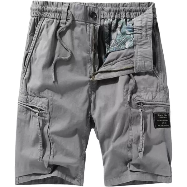 chouyatou Mens Utility Drawstring Waist Patchwork Designed Cotton Cargo ShortsGrey