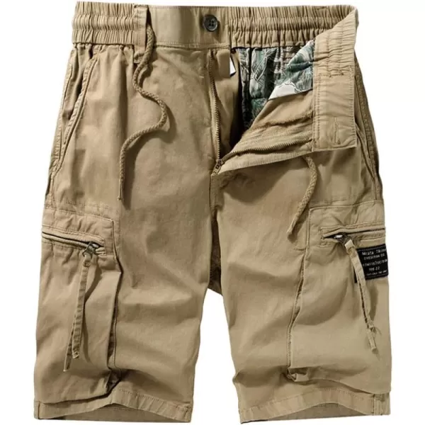 chouyatou Mens Utility Drawstring Waist Patchwork Designed Cotton Cargo ShortsKhaki